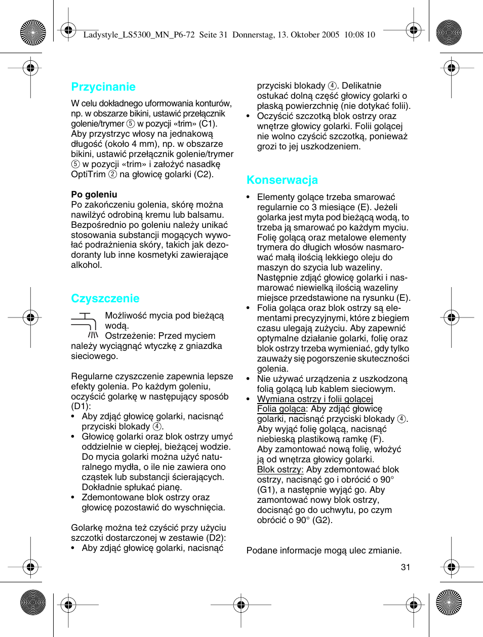 Przycinanie, Czyszczenie, Konserwacja | Braun LS 5300 User Manual | Page 31 / 68