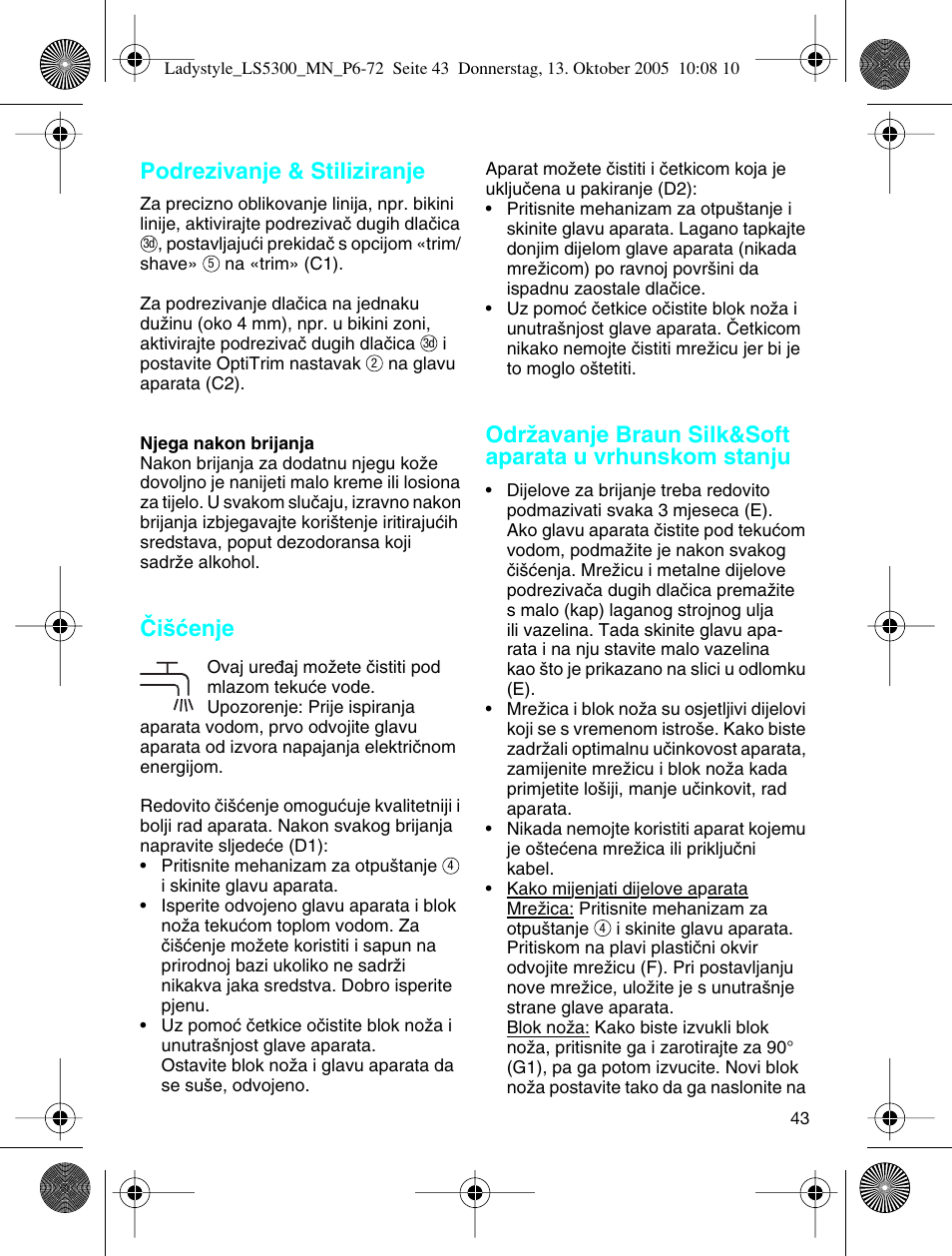 Podrezivanje & stiliziranje, Âi‰çenje | Braun LS 5300 User Manual | Page 43 / 68