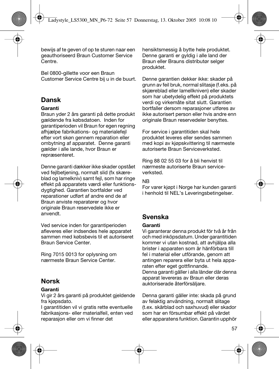 Dansk, Norsk, Svenska | Braun LS 5300 User Manual | Page 57 / 68