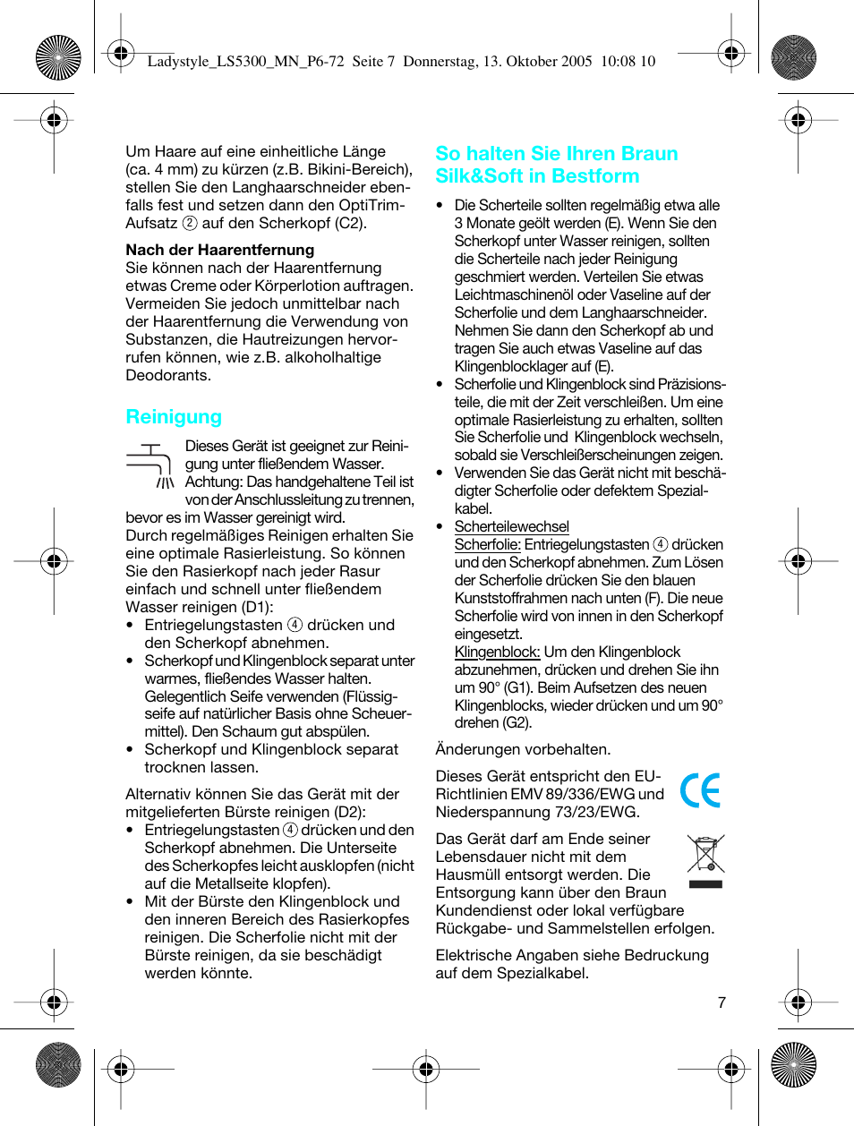Reinigung, So halten sie ihren braun silk&soft in bestform | Braun LS 5300 User Manual | Page 7 / 68