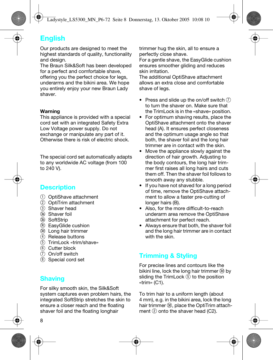 English, Description, Shaving | Trimming & styling | Braun LS 5300 User Manual | Page 8 / 68