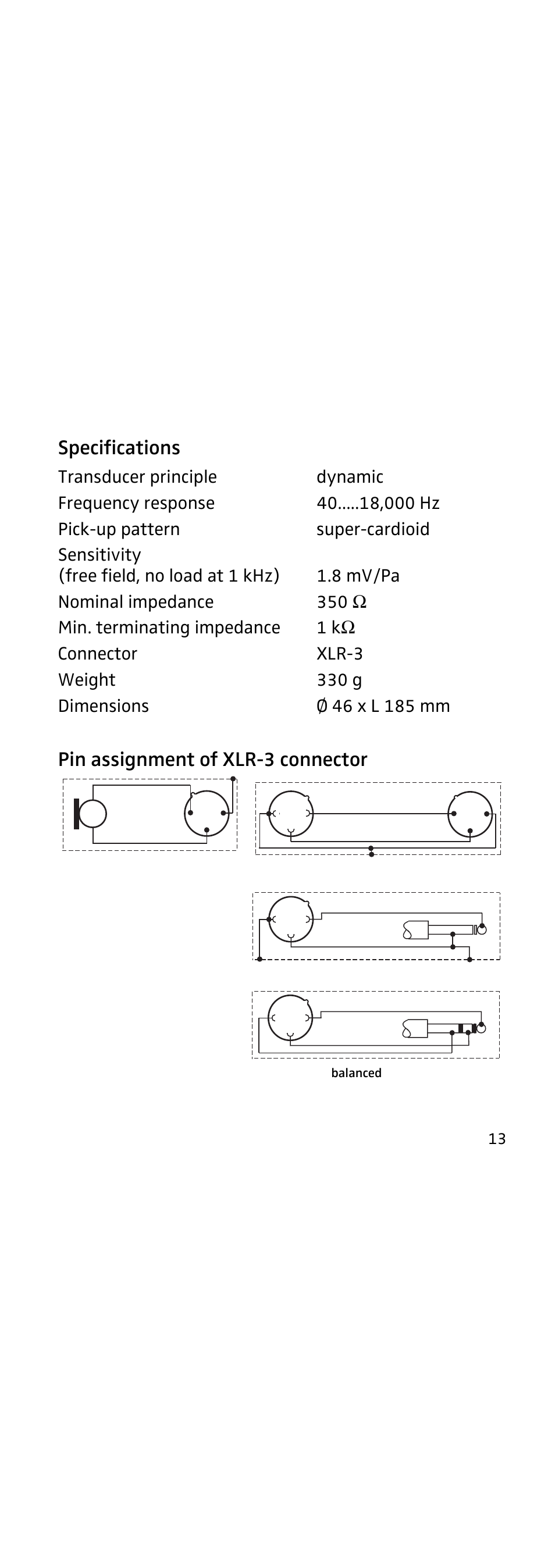 Specifications, Pin assignment of xlr-3 connector | Sennheiser 855 User Manual | Page 17 / 60
