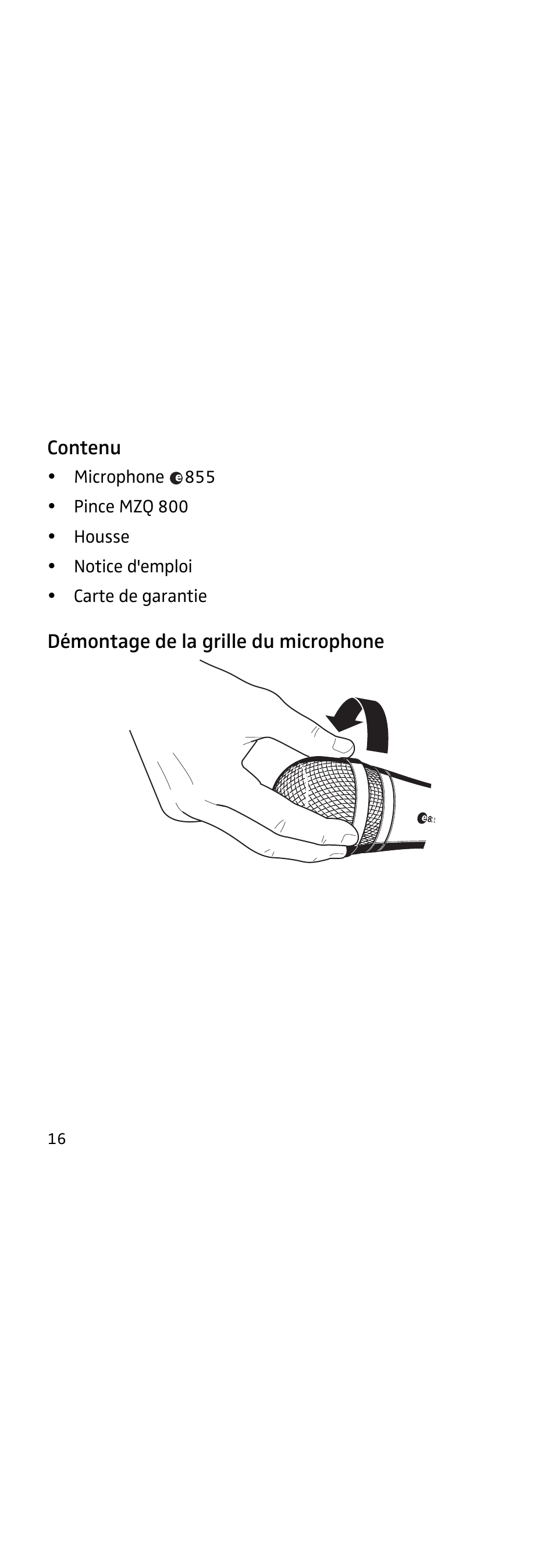 Contenu, Démontage de la grille du microphone | Sennheiser 855 User Manual | Page 24 / 60