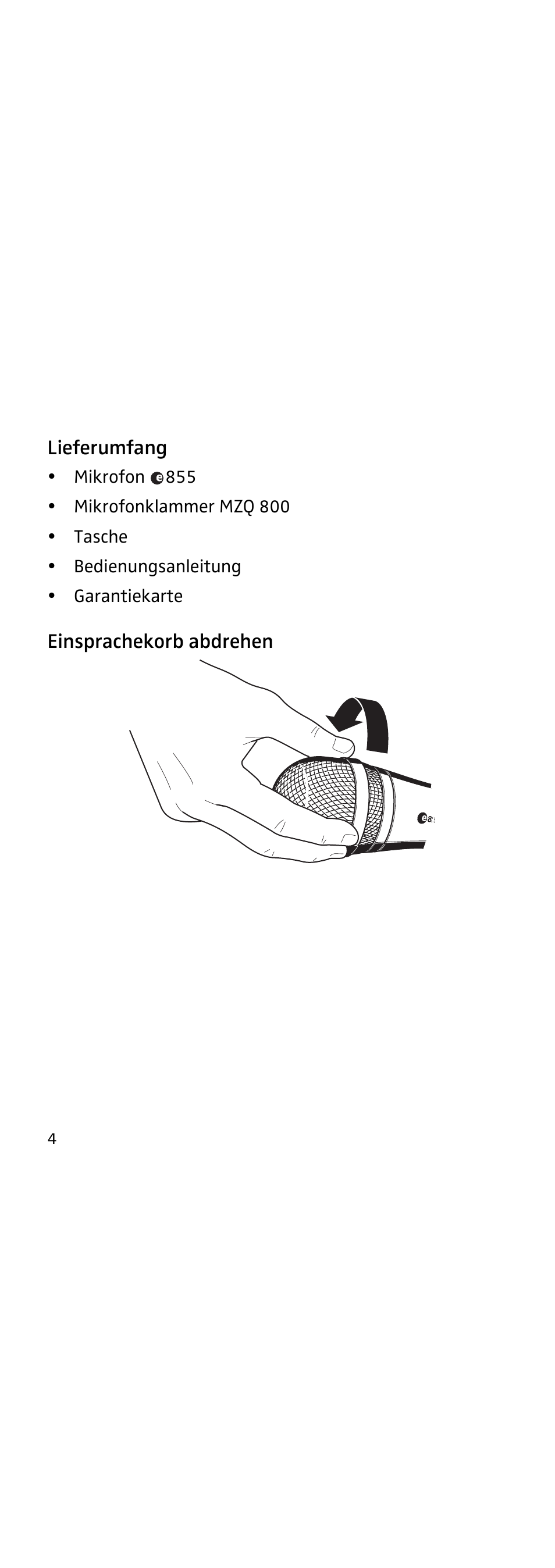 Lieferumfang, Einsprachekorb abdrehen | Sennheiser 855 User Manual | Page 4 / 60