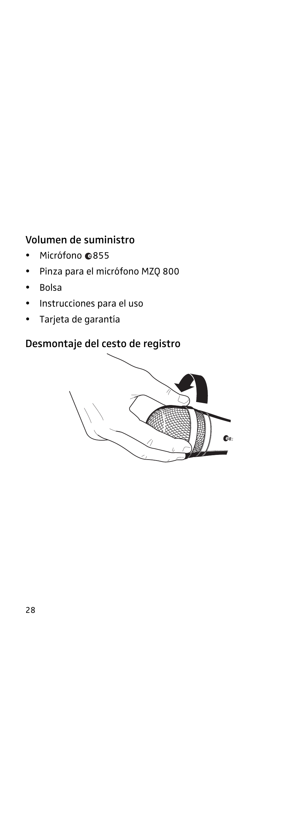 Volumen de suministro, Desmontaje del cesto de registro | Sennheiser 855 User Manual | Page 44 / 60