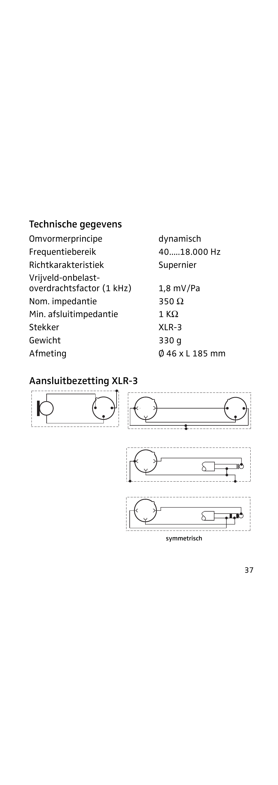 Technische gegevens, Aansluitbezetting xlr-3 | Sennheiser 855 User Manual | Page 57 / 60
