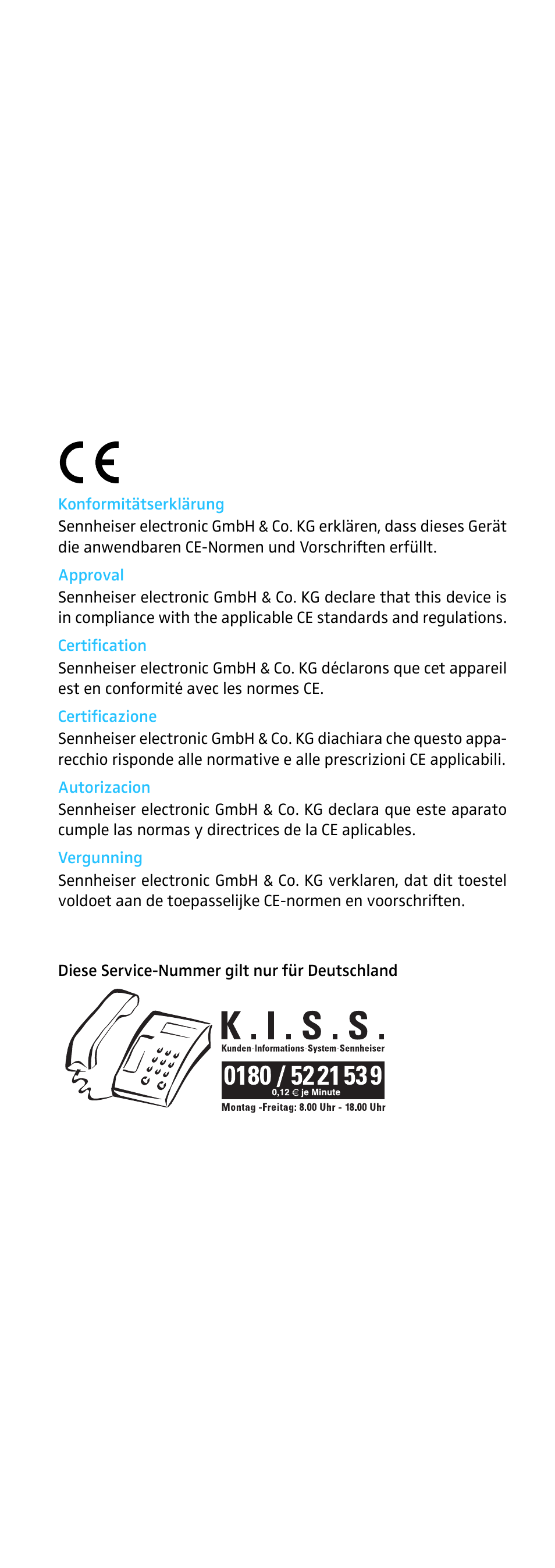 Konformitätserklärung, Approval, Certification | Certificazione, Autorizacion, Vergunning | Sennheiser 855 User Manual | Page 59 / 60