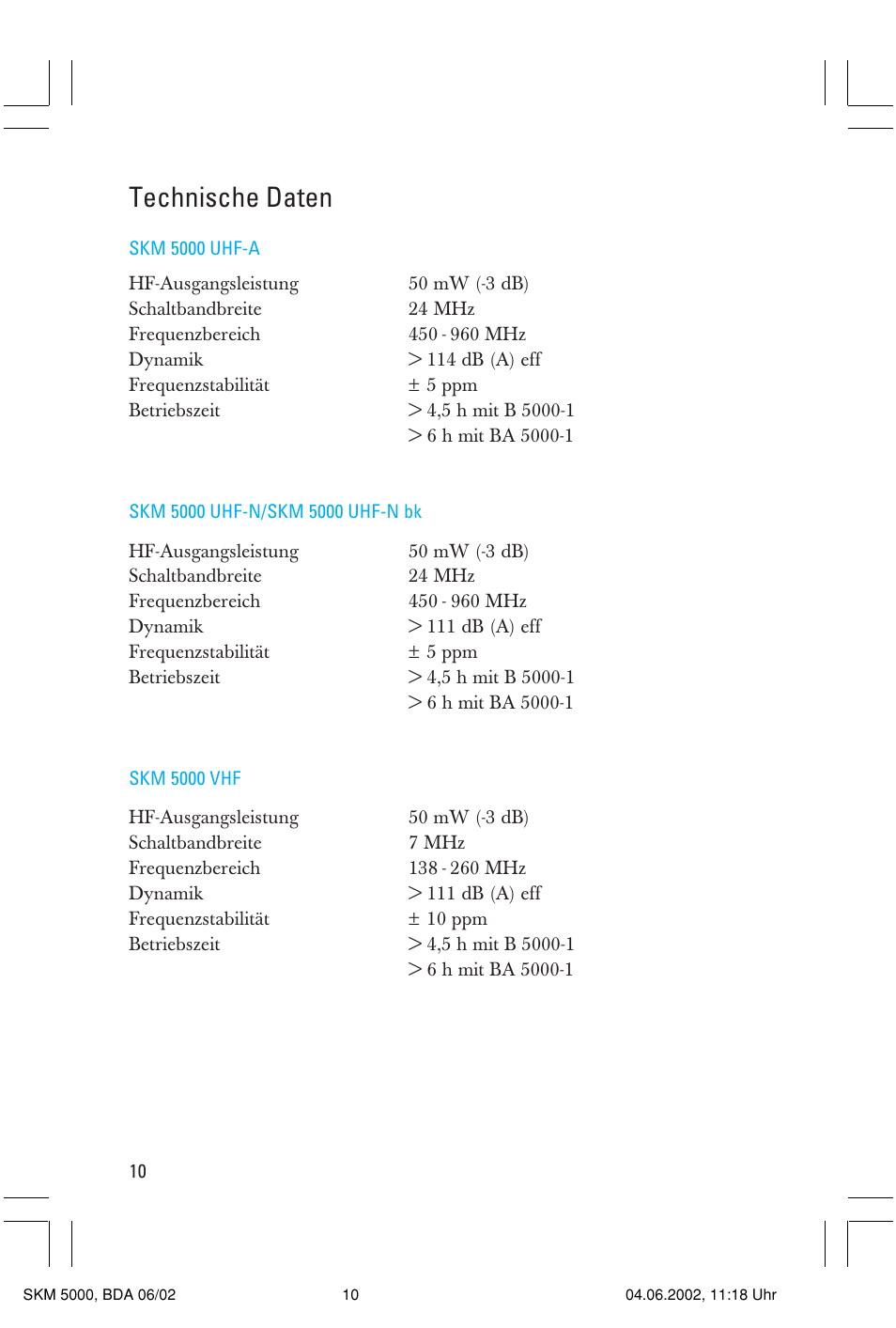 Technische daten | Sennheiser handheld transmitter SKM 5000 User Manual | Page 10 / 62