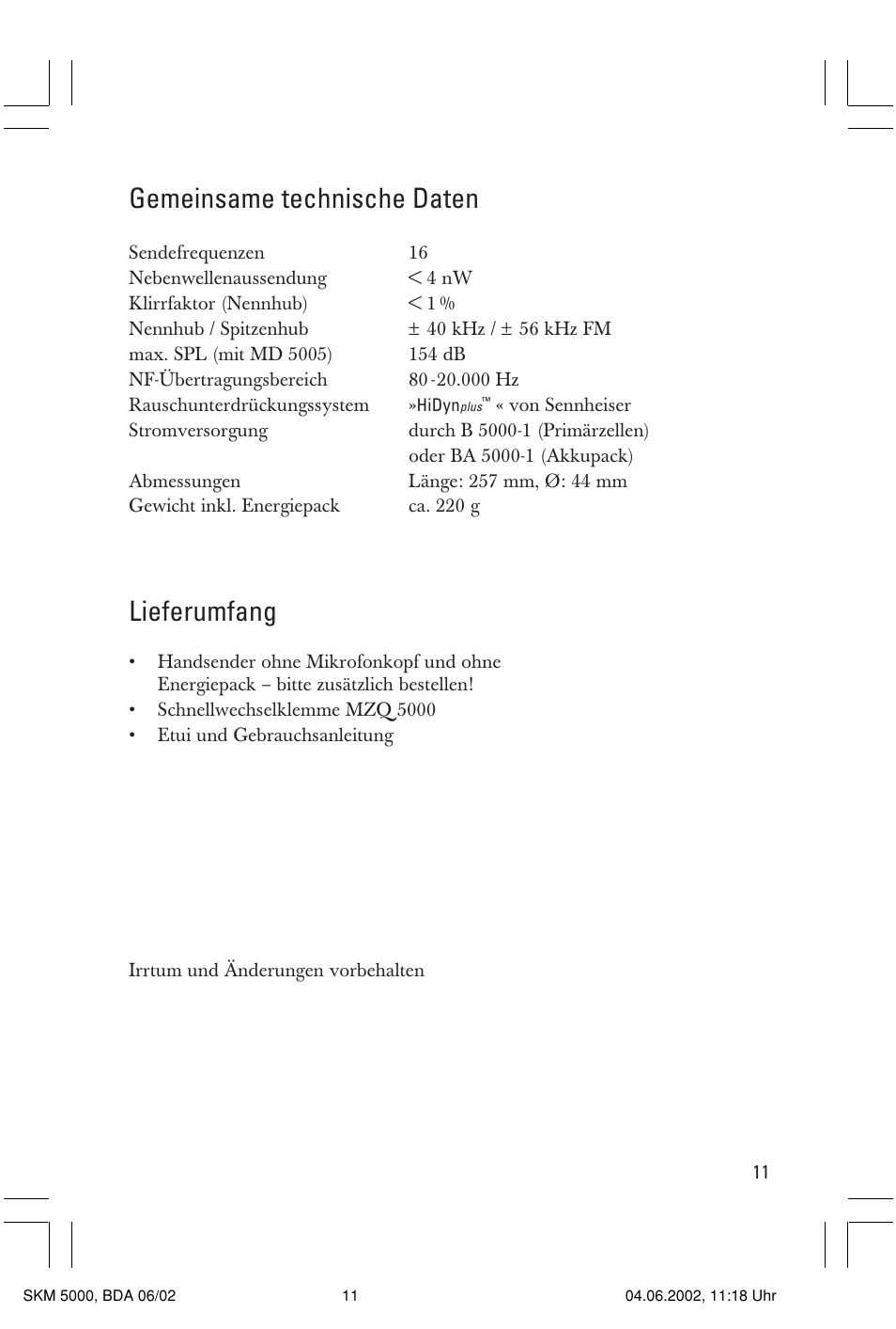 Gemeinsame technische daten, Lieferumfang | Sennheiser handheld transmitter SKM 5000 User Manual | Page 11 / 62