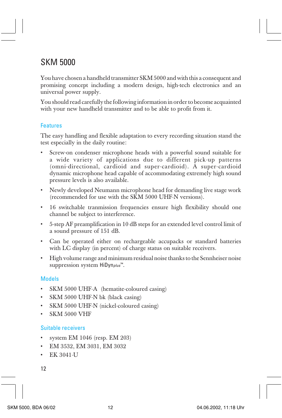 Skm 5000 | Sennheiser handheld transmitter SKM 5000 User Manual | Page 12 / 62