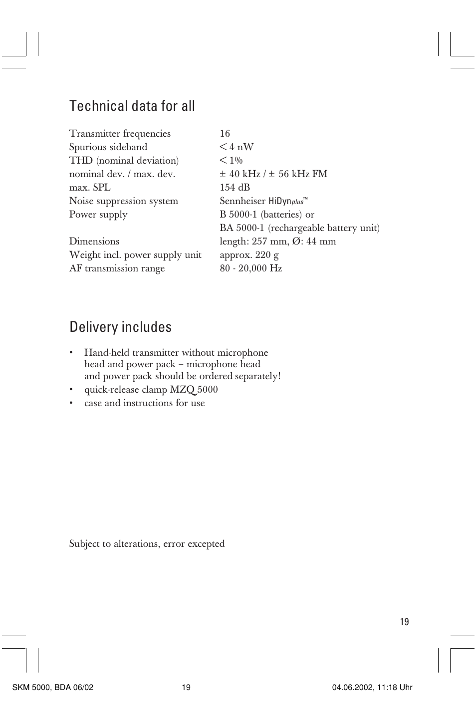 Technical data for all, Delivery includes | Sennheiser handheld transmitter SKM 5000 User Manual | Page 19 / 62