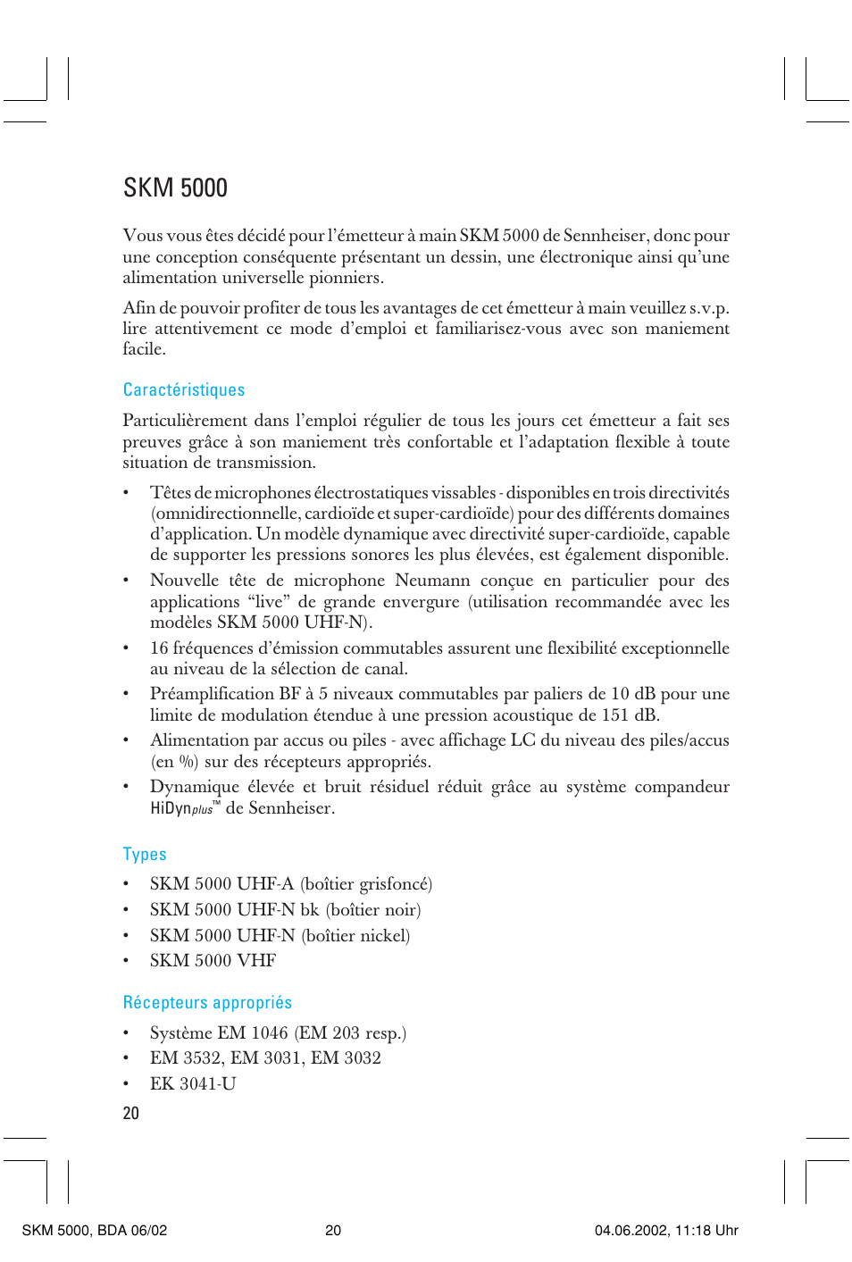 Skm 5000 | Sennheiser handheld transmitter SKM 5000 User Manual | Page 20 / 62