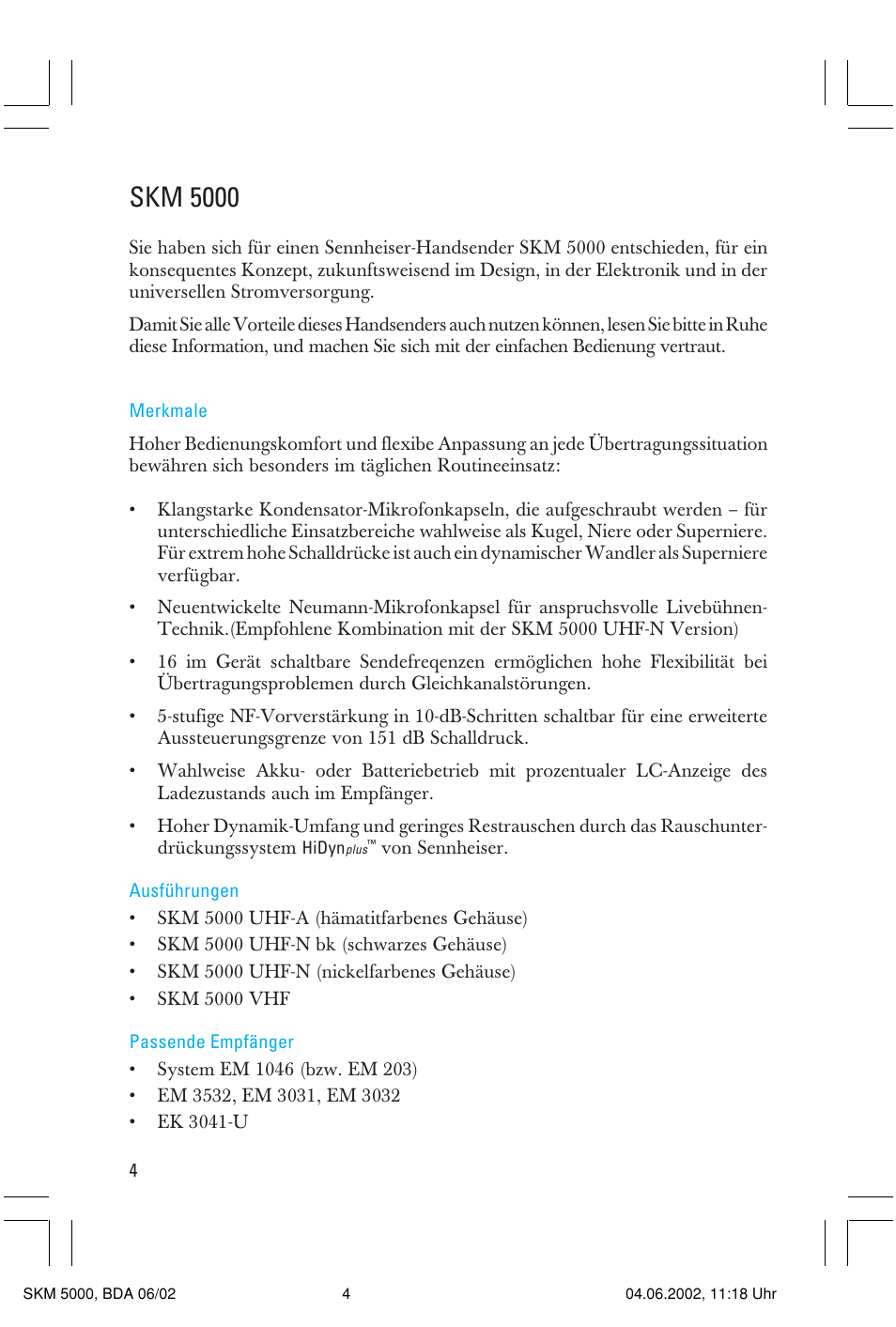 Skm 5000 | Sennheiser handheld transmitter SKM 5000 User Manual | Page 4 / 62