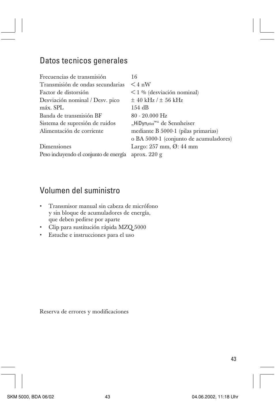 Datos tecnicos generales, Volumen del suministro | Sennheiser handheld transmitter SKM 5000 User Manual | Page 43 / 62