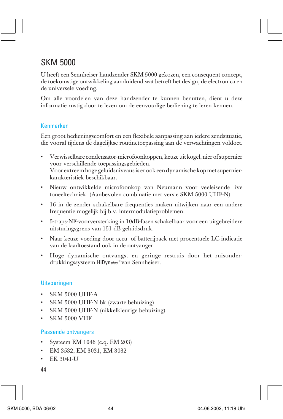 Skm 5000 | Sennheiser handheld transmitter SKM 5000 User Manual | Page 44 / 62