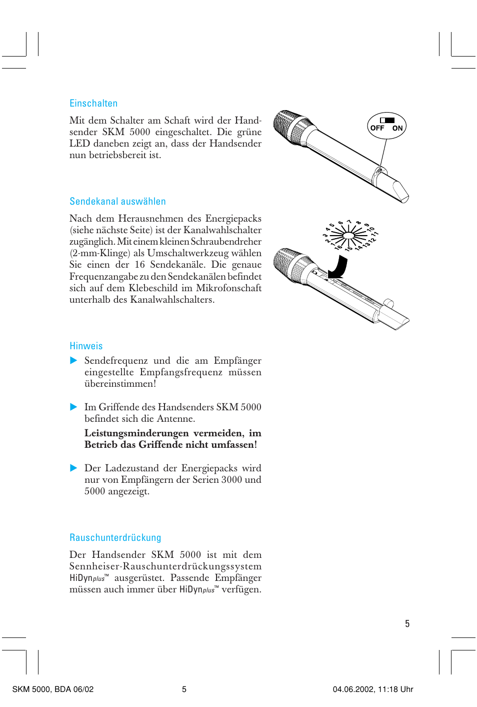 Verfügen | Sennheiser handheld transmitter SKM 5000 User Manual | Page 5 / 62