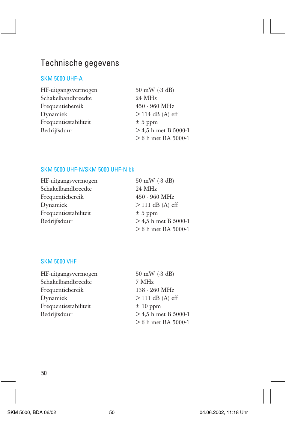 Technische gegevens | Sennheiser handheld transmitter SKM 5000 User Manual | Page 50 / 62