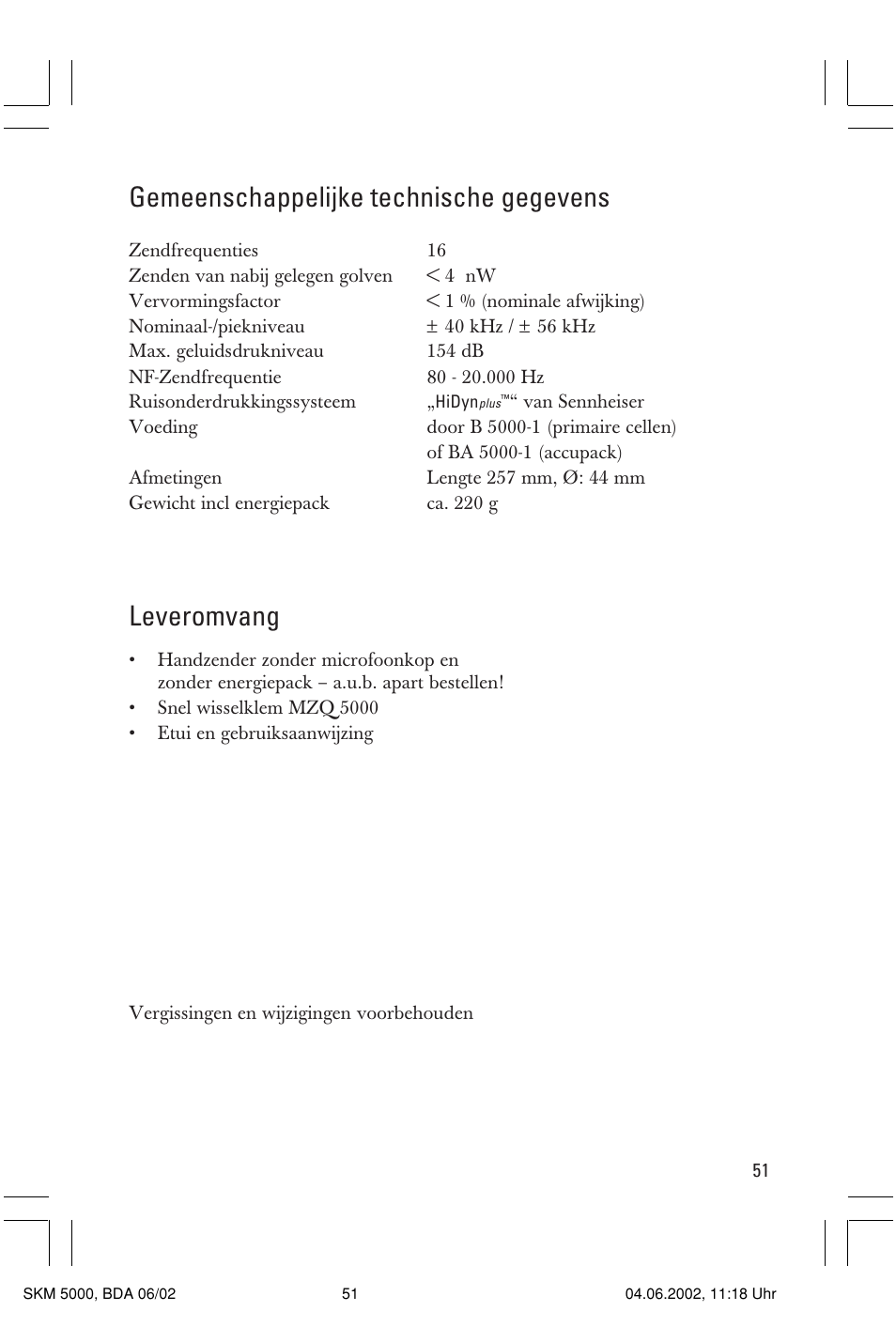 Gemeenschappelijke technische gegevens, Leveromvang | Sennheiser handheld transmitter SKM 5000 User Manual | Page 51 / 62