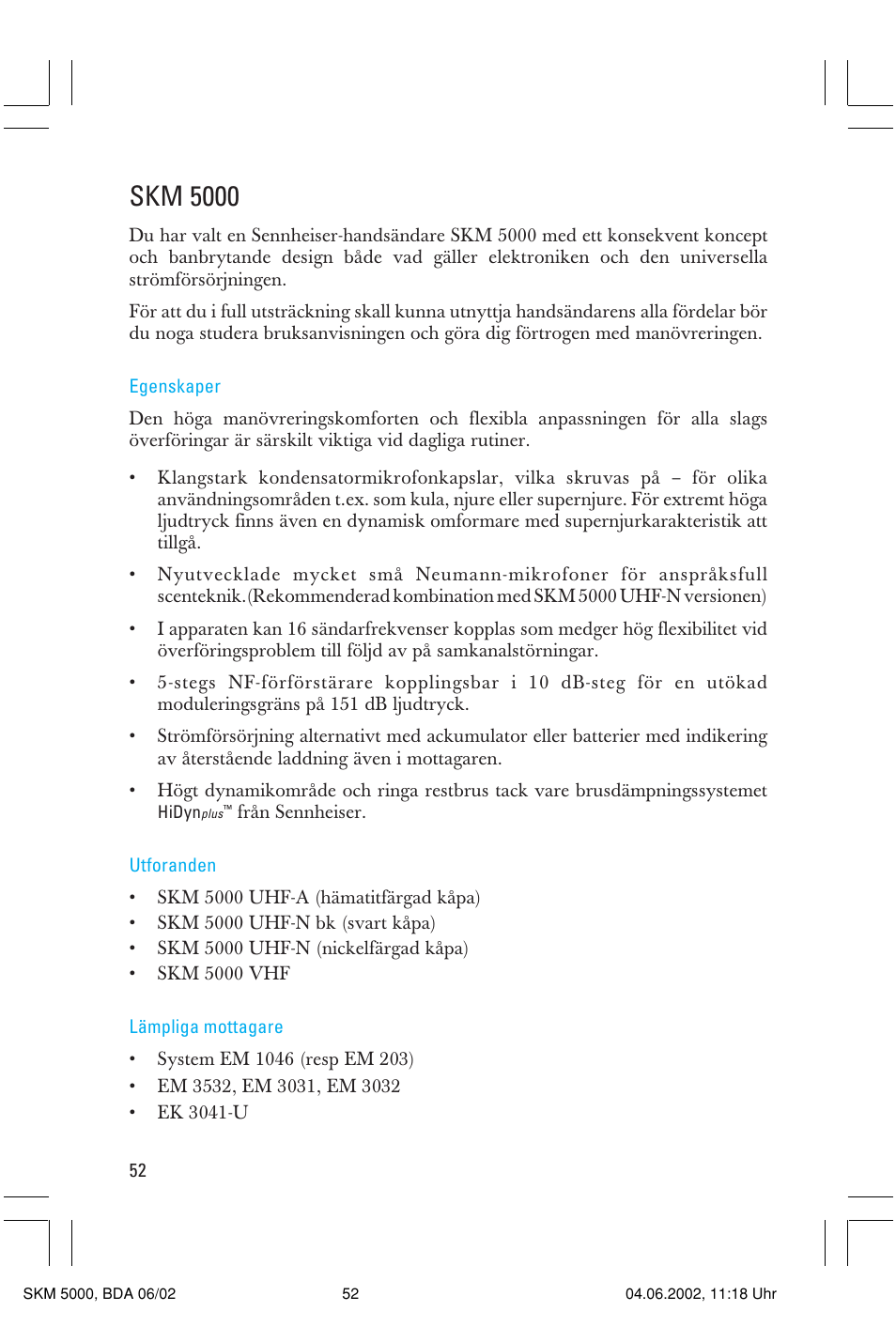 Skm 5000 | Sennheiser handheld transmitter SKM 5000 User Manual | Page 52 / 62