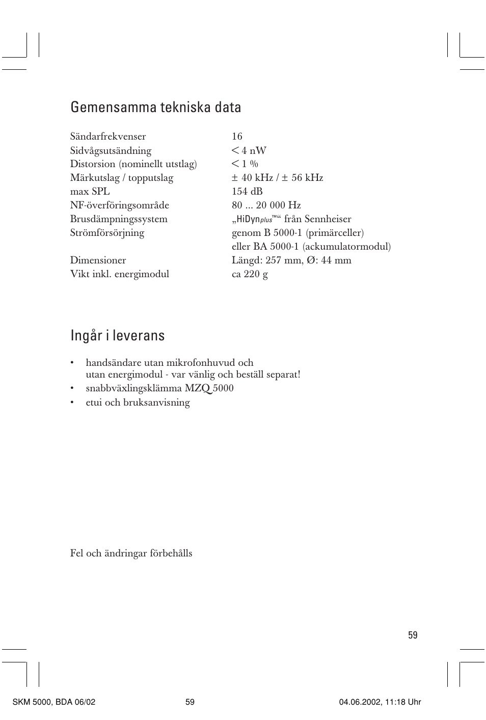 Gemensamma tekniska data, Ingår i leverans | Sennheiser handheld transmitter SKM 5000 User Manual | Page 59 / 62
