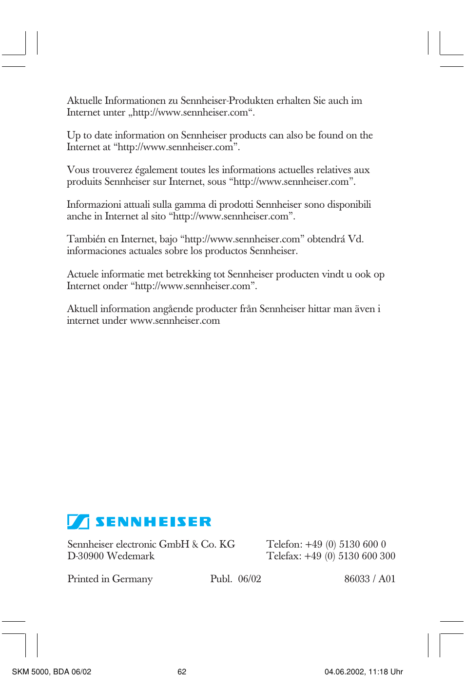 Sennheiser handheld transmitter SKM 5000 User Manual | Page 62 / 62