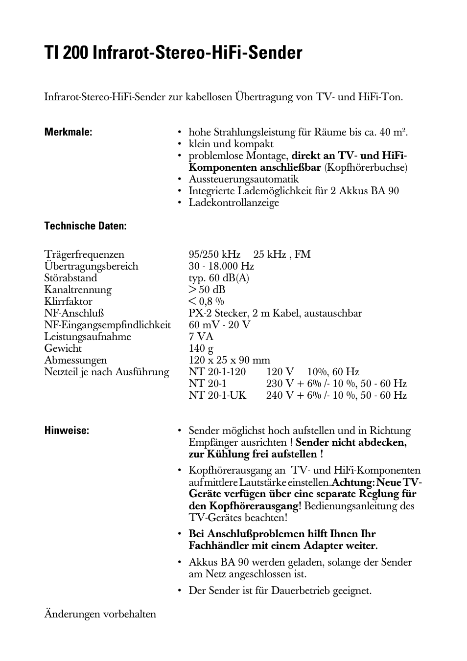 Gebrauchsanleitung, Merkmale, Technische daten | Hinweise, Ti 200 infrarot-stereo-hifi-sender | Sennheiser Infrarot-Stereo-HiFi-Sender TI 200 User Manual | Page 2 / 8