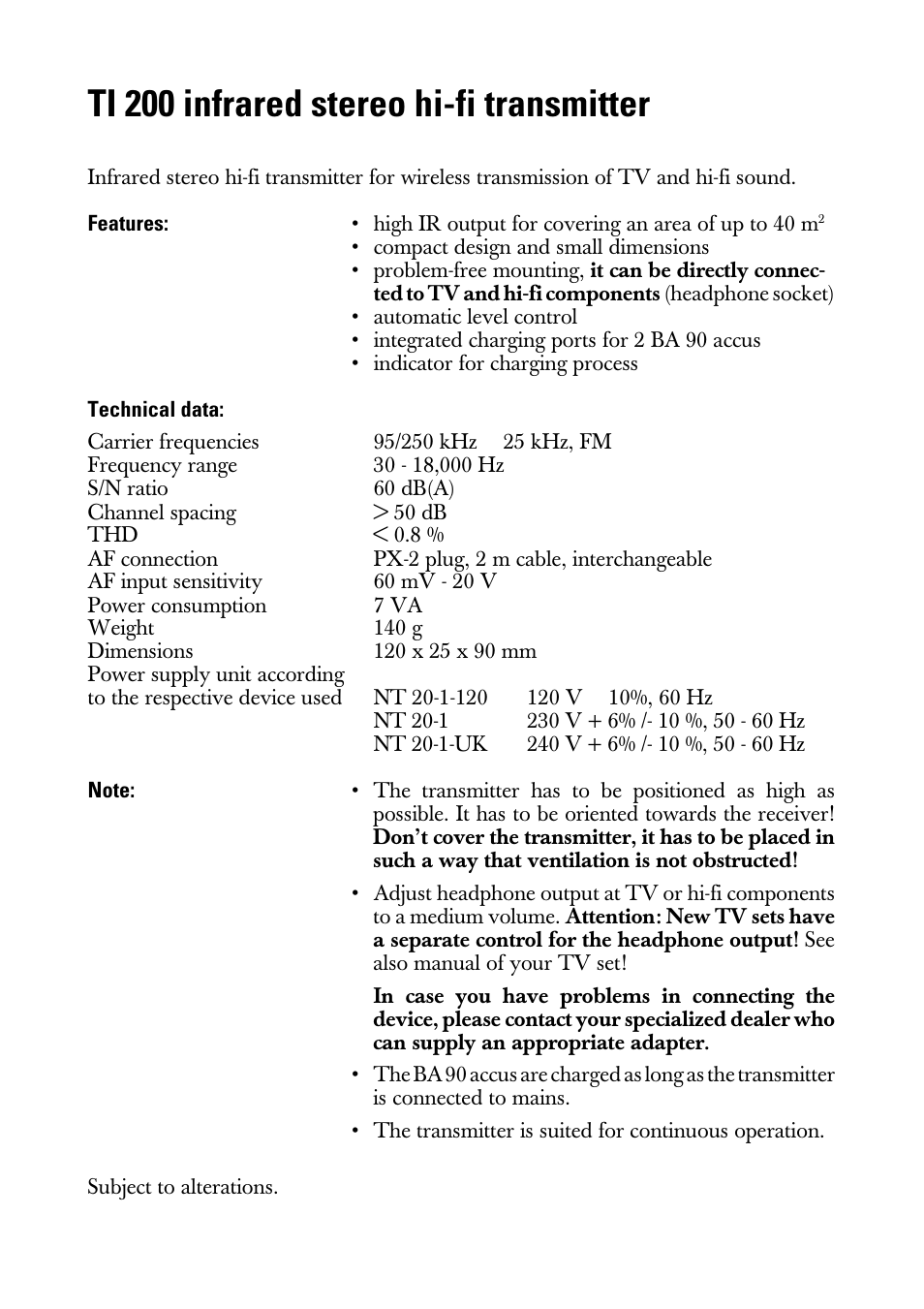 Instructions for use, Features, Technical data | Note, Ti 200 infrared stereo hi-fi transmitter | Sennheiser Infrarot-Stereo-HiFi-Sender TI 200 User Manual | Page 3 / 8
