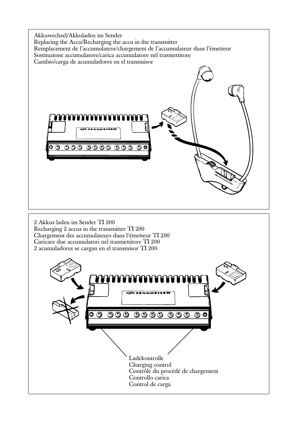 Akkuwechsel/akkuladen im sender, 2 akkus laden im sender ti 200, Recharging 2 accus in the transmitter ti 200 | Caricare due accumulatori nel trasmettitore ti 200, Cambio/carga de acumuladores en el transmisor, 2 acumuladores se cargan en el transmisor ti 200 | Sennheiser Infrarot-Stereo-HiFi-Sender TI 200 User Manual | Page 7 / 8
