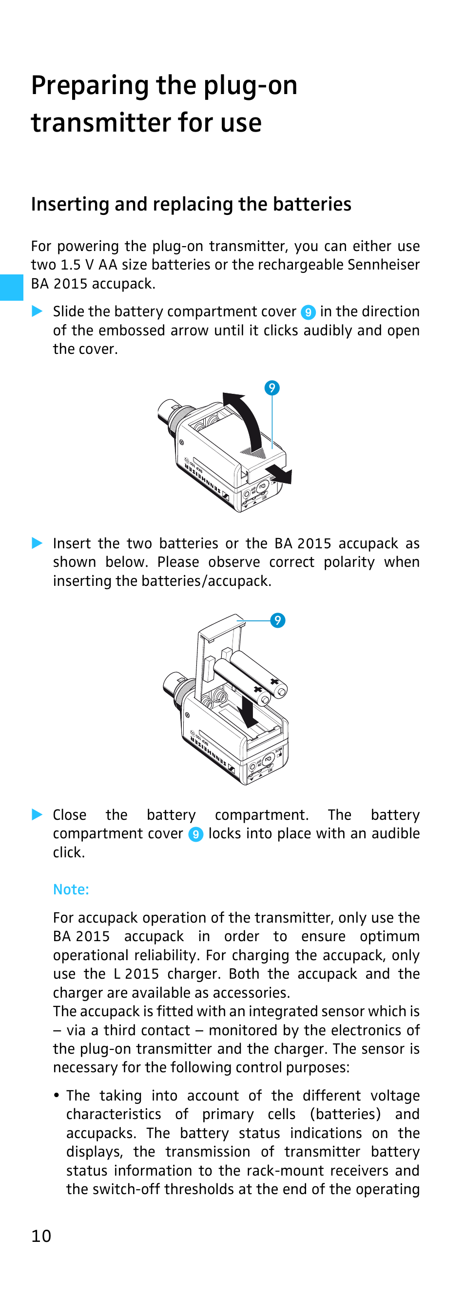 Preparing the plug-on transmitter for use, Inserting and replacing the batteries | Sennheiser SKP 500 User Manual | Page 10 / 29