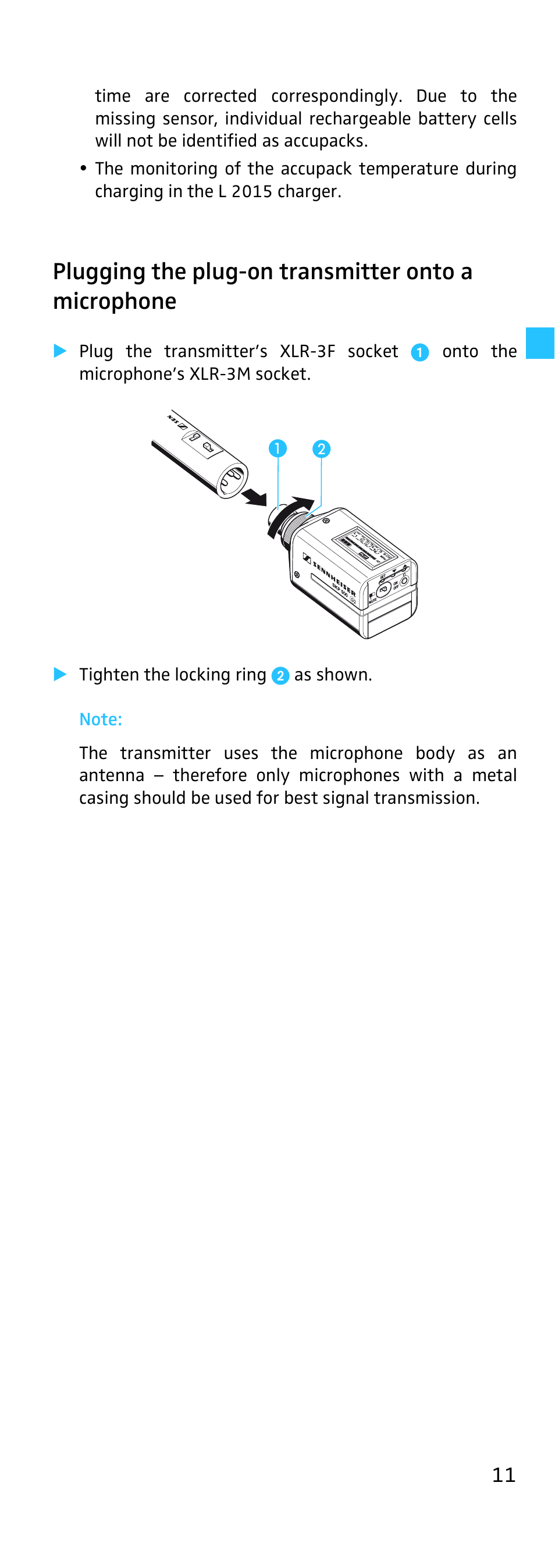 Plugging the plug-on transmitter onto a microphone | Sennheiser SKP 500 User Manual | Page 11 / 29