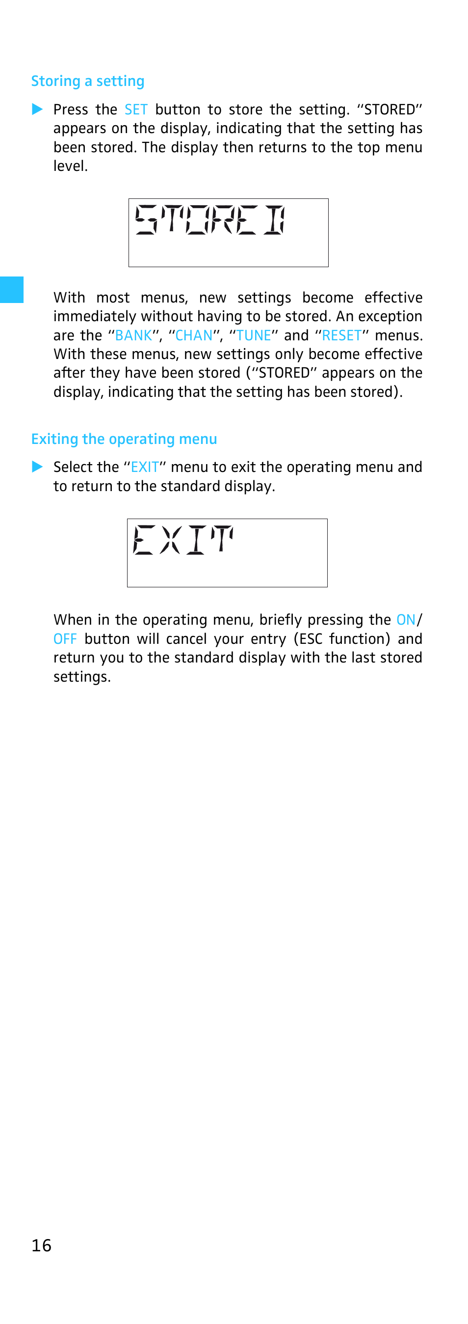 Storing a setting, Exiting the operating menu | Sennheiser SKP 500 User Manual | Page 16 / 29