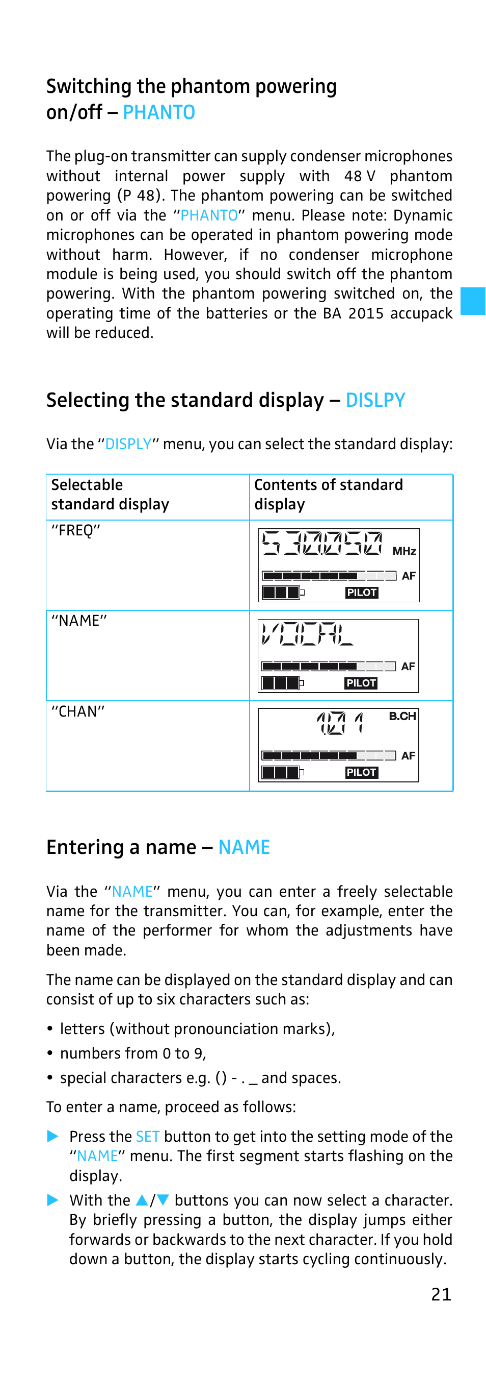 Switching the phantom powering on/off, Selecting the standard display, Entering a name | Switching the phantom powering on/off – phanto, Selecting the standard display – dislpy, Entering a name – name | Sennheiser SKP 500 User Manual | Page 21 / 29