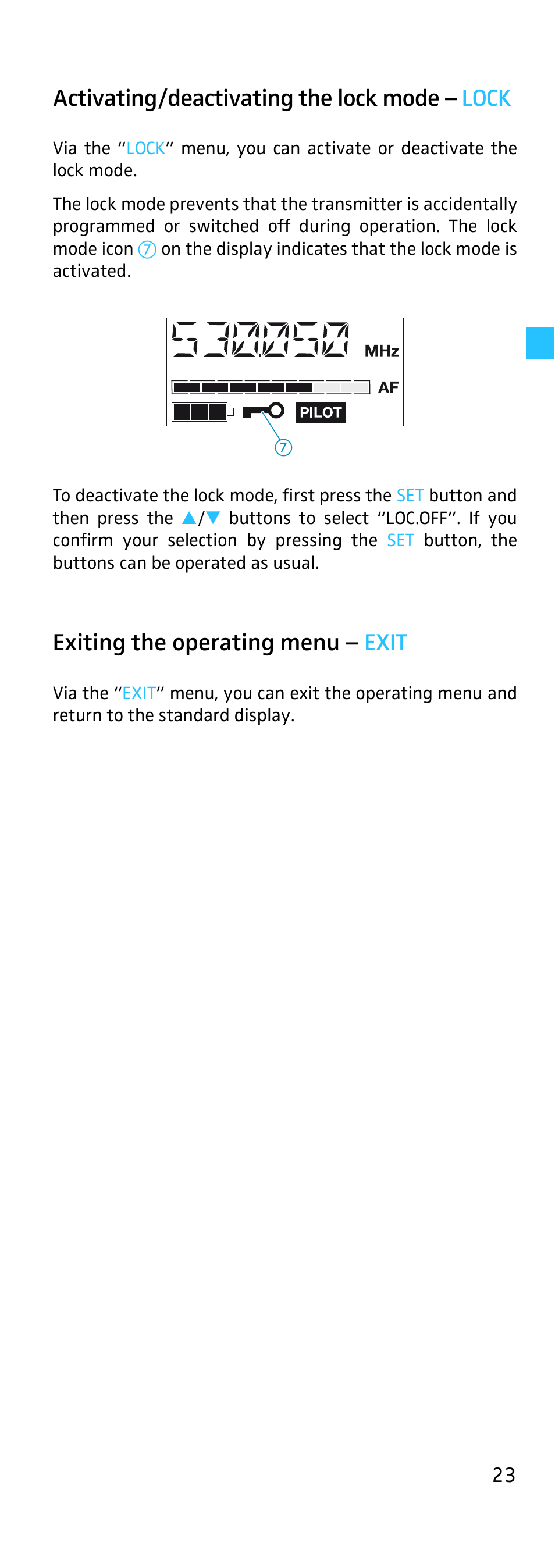 Activating/deactivating the lock mode, Exiting the operating menu, Activating/deactivating the lock mode – lock | Exiting the operating menu – exit | Sennheiser SKP 500 User Manual | Page 23 / 29