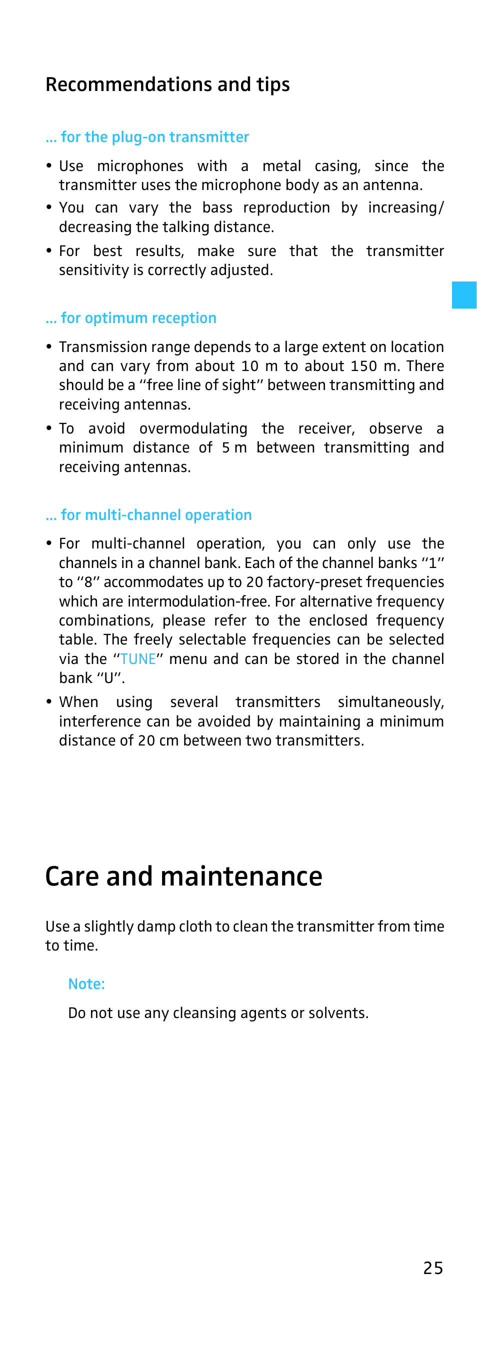 Recommendations and tips, For the plug-on transmitter, For optimum reception | For multi-channel operation, Care and maintenance | Sennheiser SKP 500 User Manual | Page 25 / 29