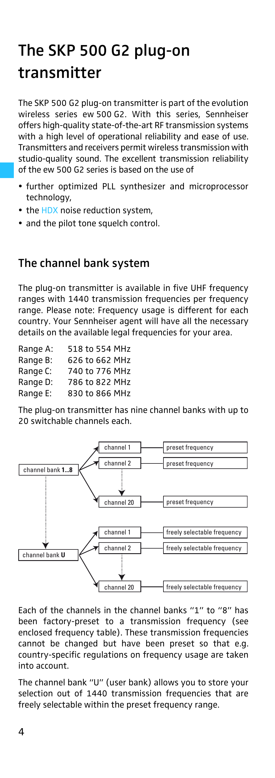 The skp 500 g2 plug-on transmitter, The channel bank system | Sennheiser SKP 500 User Manual | Page 4 / 29