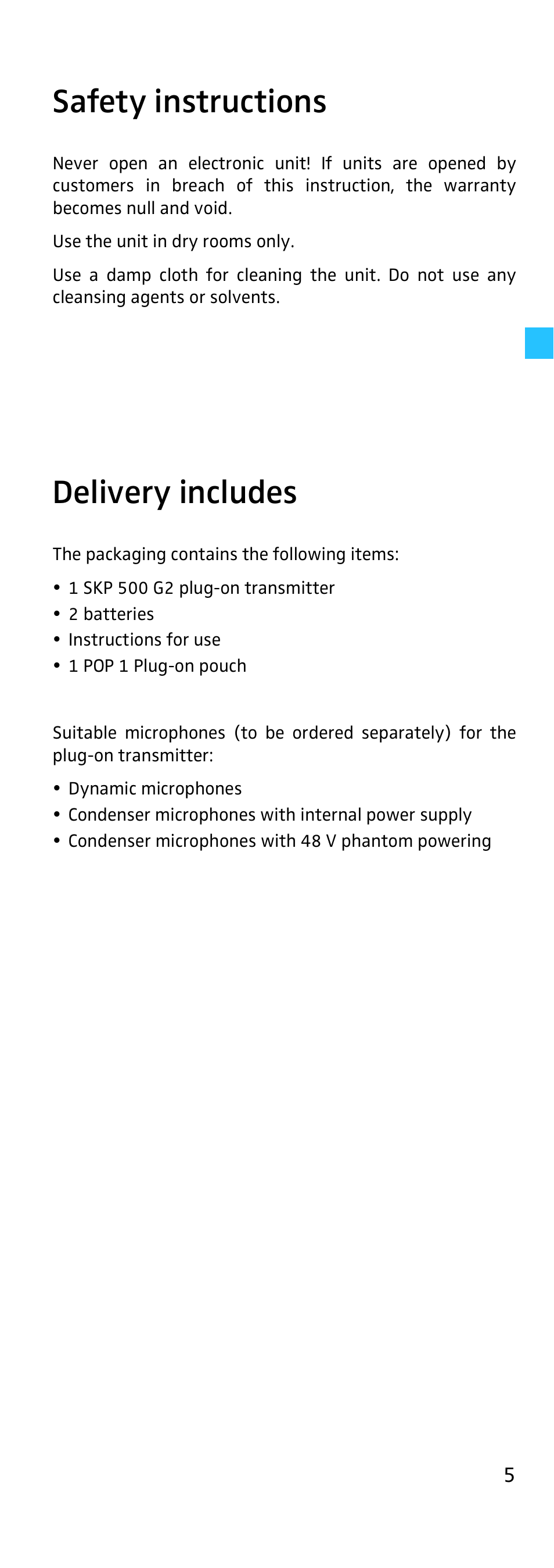 Safety instructions, Delivery includes | Sennheiser SKP 500 User Manual | Page 5 / 29