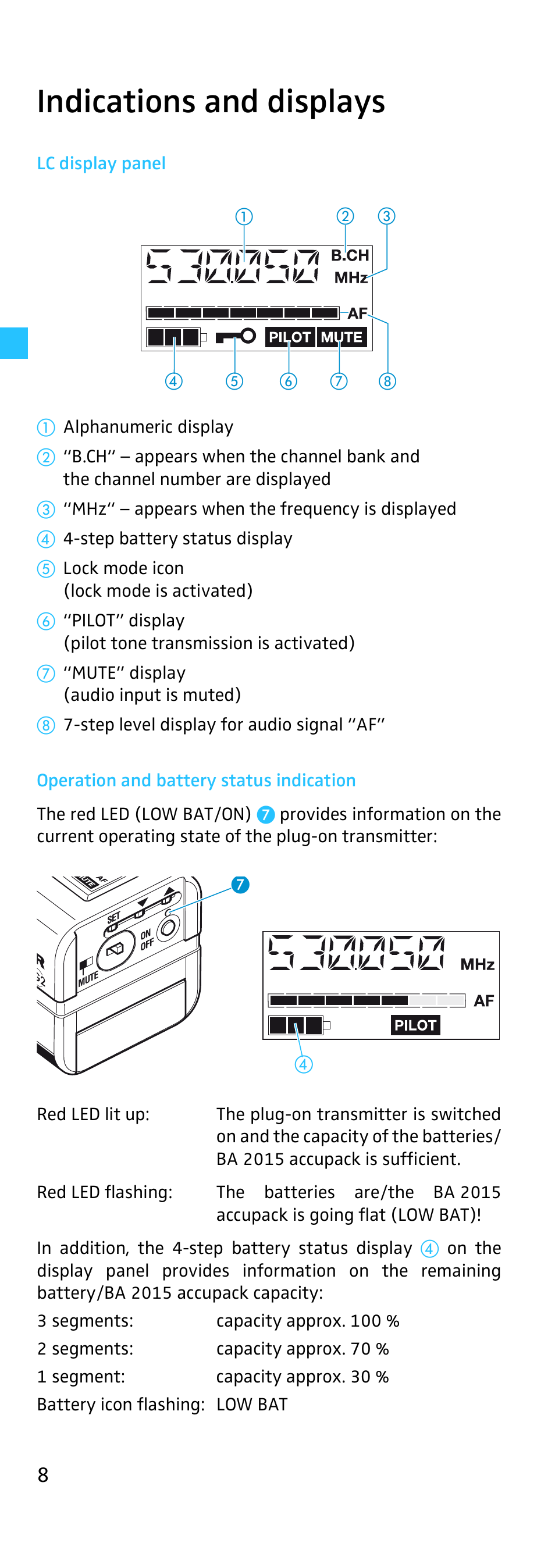 Indications and displays, Lc display panel, Operation and battery status indication | Sennheiser SKP 500 User Manual | Page 8 / 29