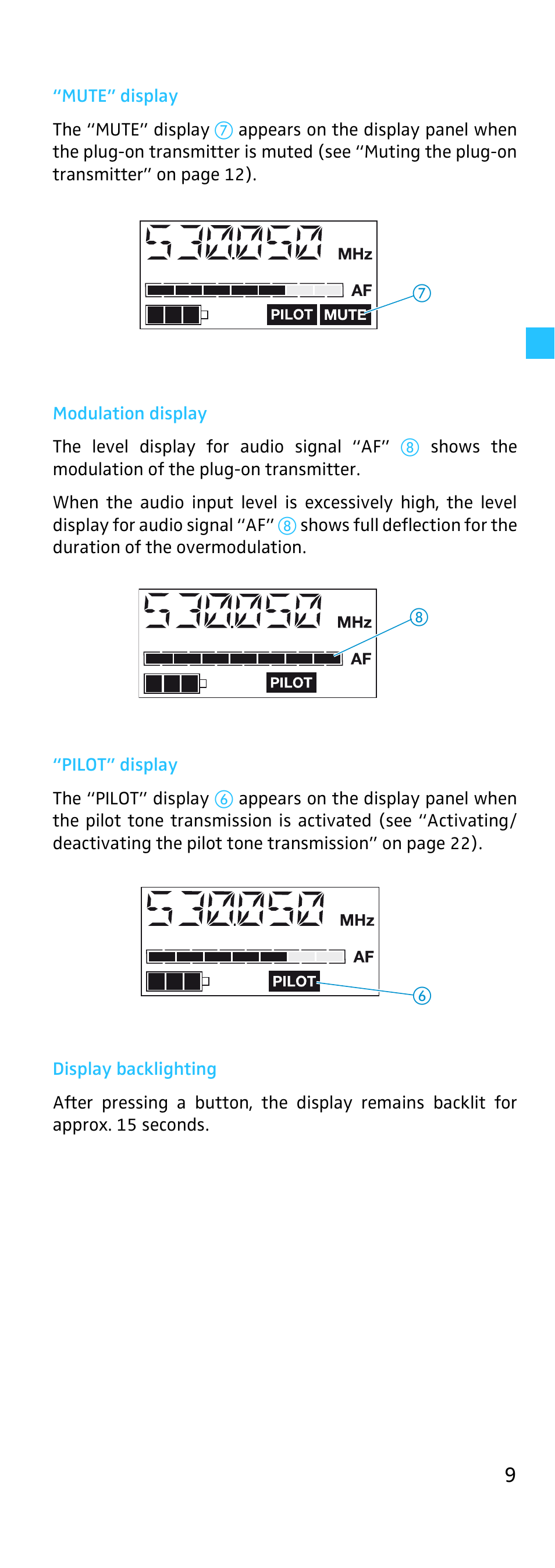 Mute” display, Modulation display, Pilot” display | Display backlighting | Sennheiser SKP 500 User Manual | Page 9 / 29