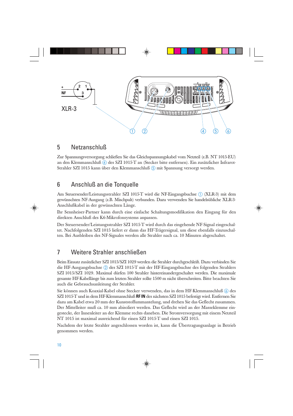 Xlr-3, 5netzanschluß, 6anschluß an die tonquelle | 7weitere strahler anschließen | Sennheiser SZI 1015-T User Manual | Page 10 / 86