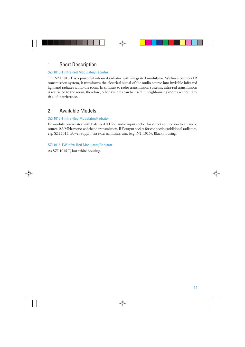 1short description, 2available models | Sennheiser SZI 1015-T User Manual | Page 19 / 86