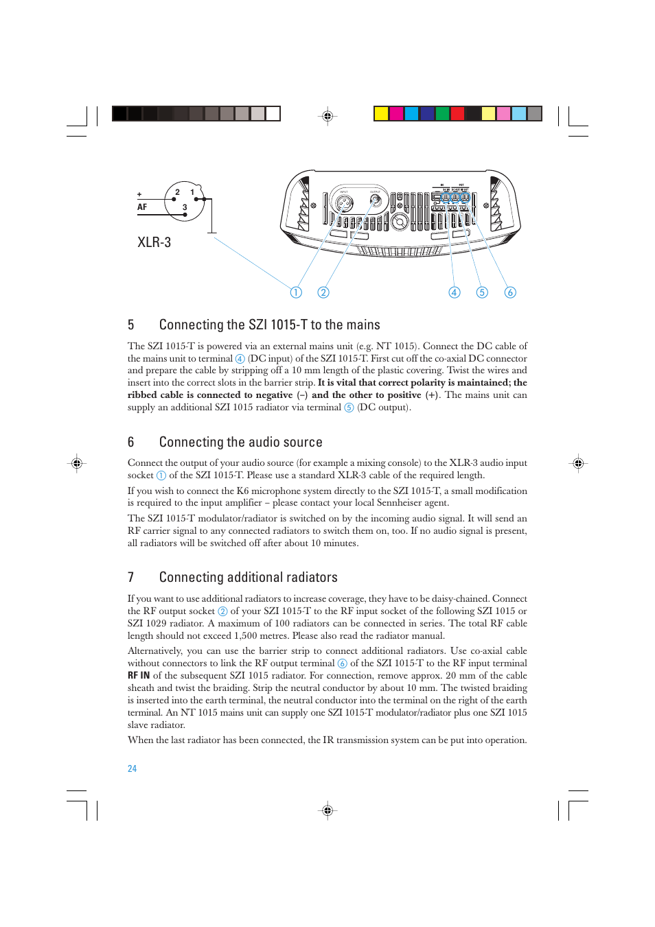 Xlr-3, 6connecting the audio source, 7connecting additional radiators | Sennheiser SZI 1015-T User Manual | Page 24 / 86