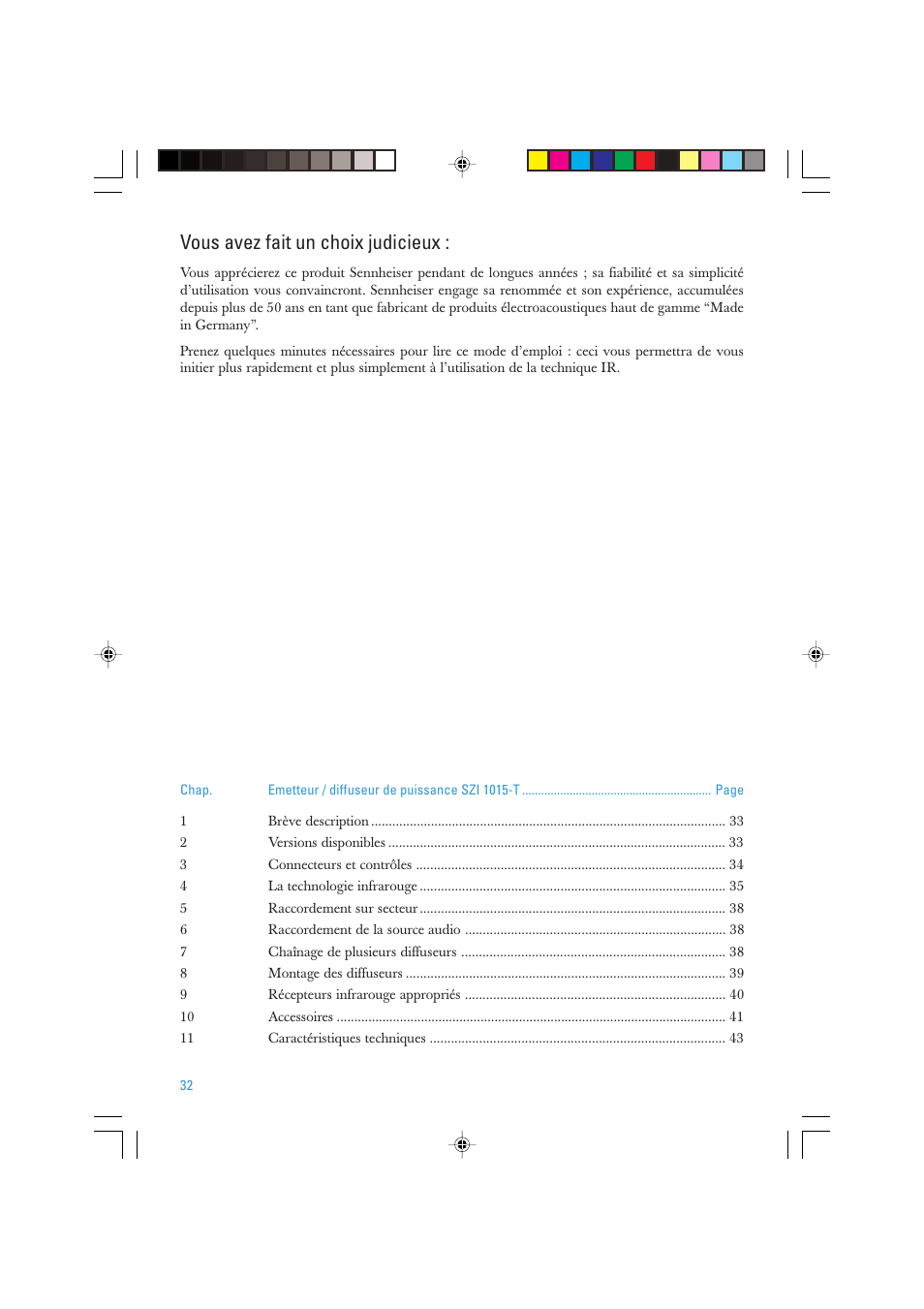 Vous avez fait un choix judicieux | Sennheiser SZI 1015-T User Manual | Page 32 / 86