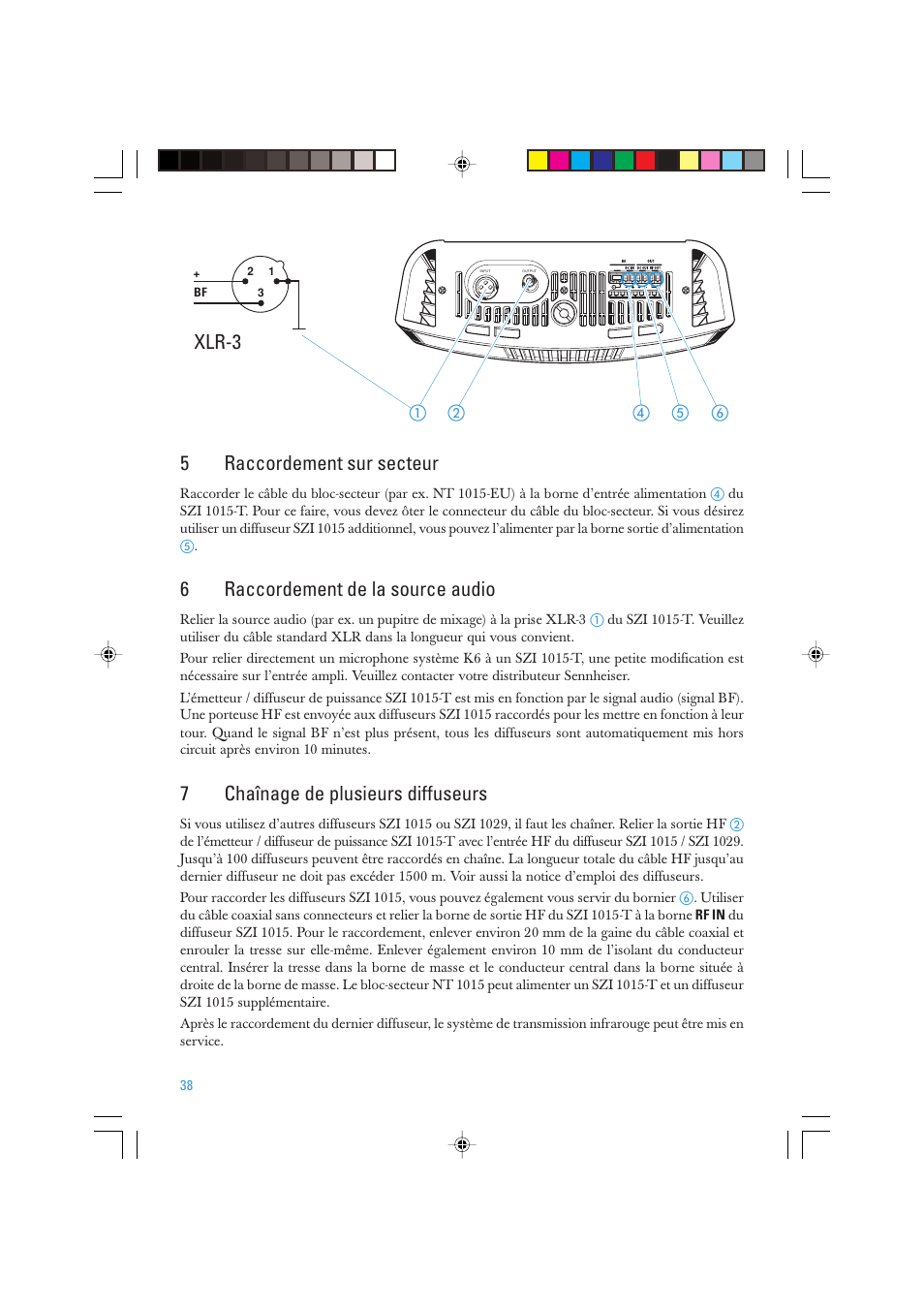 Xlr-3, 5raccordement sur secteur, 6raccordement de la source audio | 7chaînage de plusieurs diffuseurs | Sennheiser SZI 1015-T User Manual | Page 38 / 86