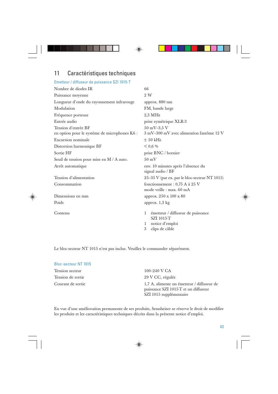 11 caractéristiques techniques | Sennheiser SZI 1015-T User Manual | Page 43 / 86