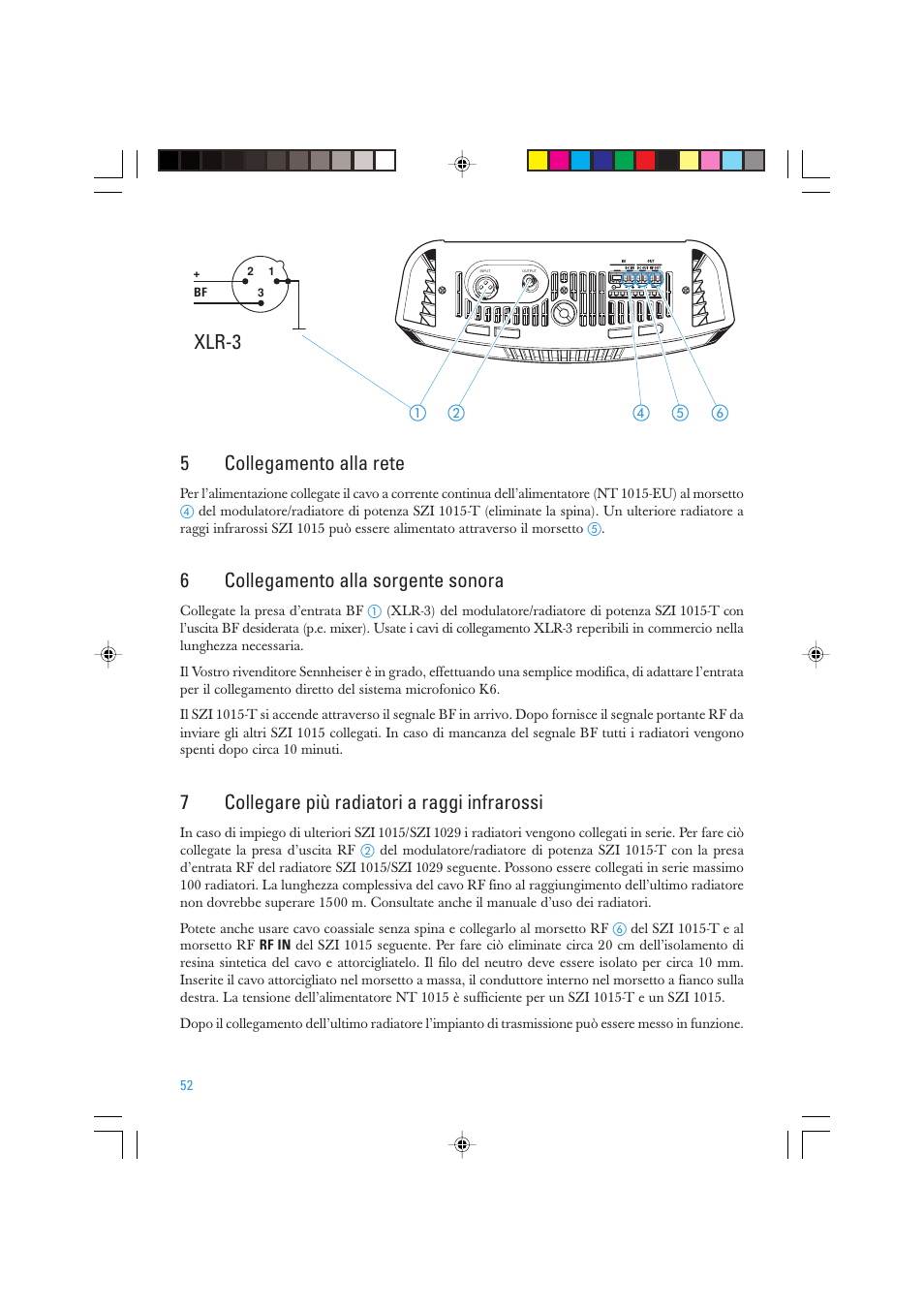 Xlr-3, 5collegamento alla rete, 6collegamento alla sorgente sonora | 7collegare più radiatori a raggi infrarossi | Sennheiser SZI 1015-T User Manual | Page 52 / 86