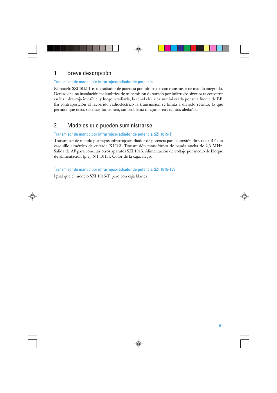 1breve descripción, 2modelos que pueden suministrarse | Sennheiser SZI 1015-T User Manual | Page 61 / 86