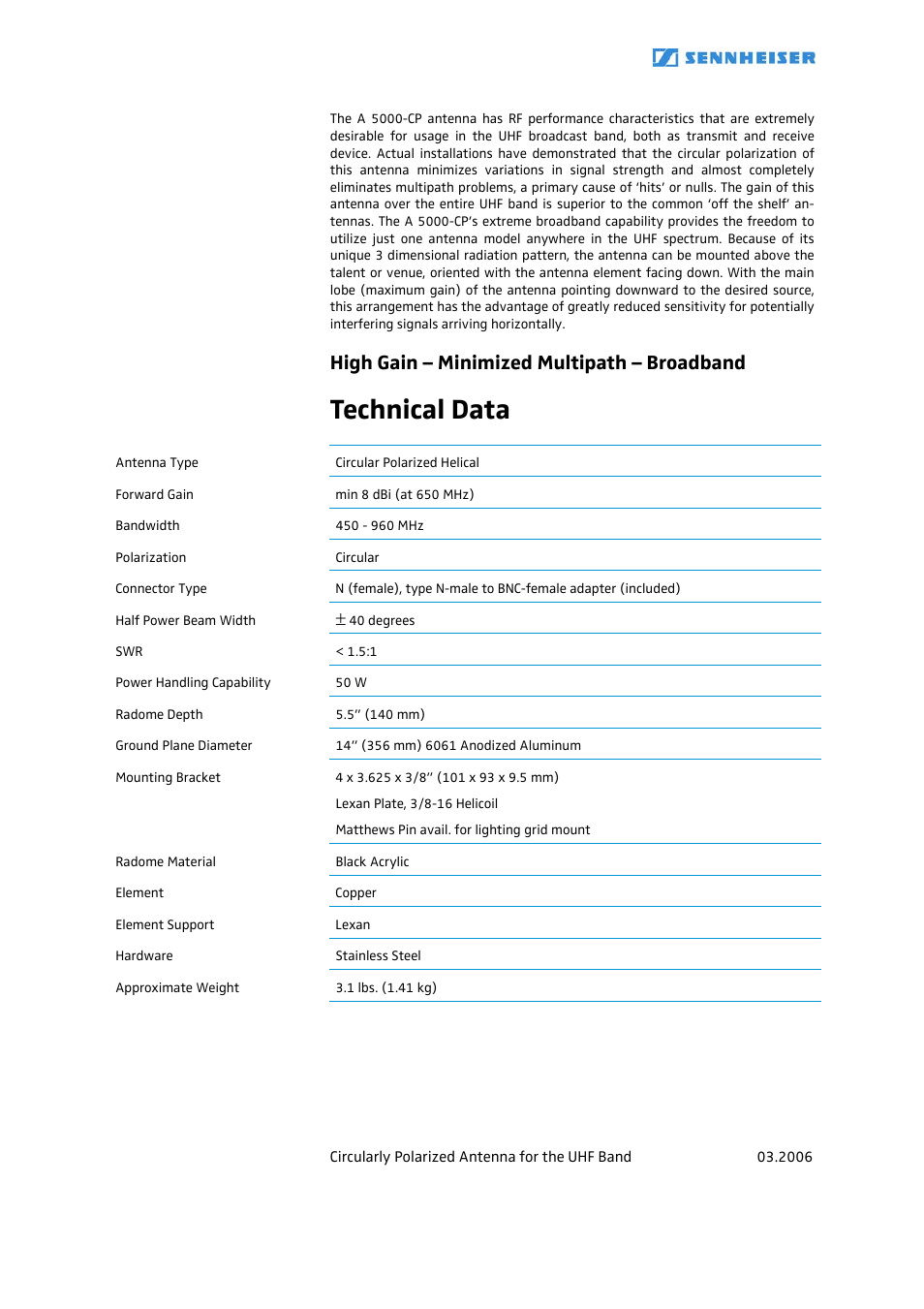 Technical data, High gain – minimized multipath – broadband | Sennheiser A 5000-CP User Manual | Page 3 / 5