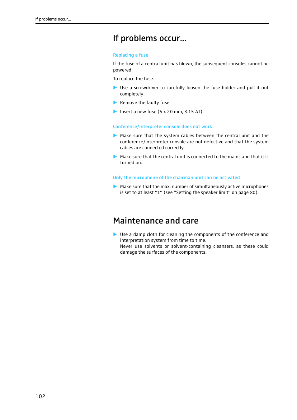 If problems occur, Replacing a fuse, Conference/interpreter console does not work | Maintenance and care | Sennheiser CONFERENCE SYSTEM SDC 8000 User Manual | Page 102 / 116