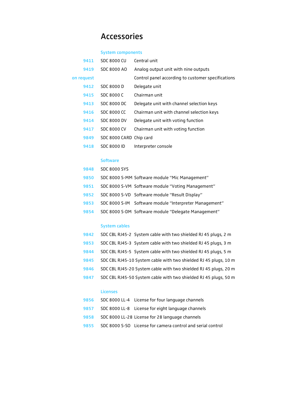 Accessories, System components, Software | System cables, Licenses, System components software system cables licenses | Sennheiser CONFERENCE SYSTEM SDC 8000 User Manual | Page 103 / 116
