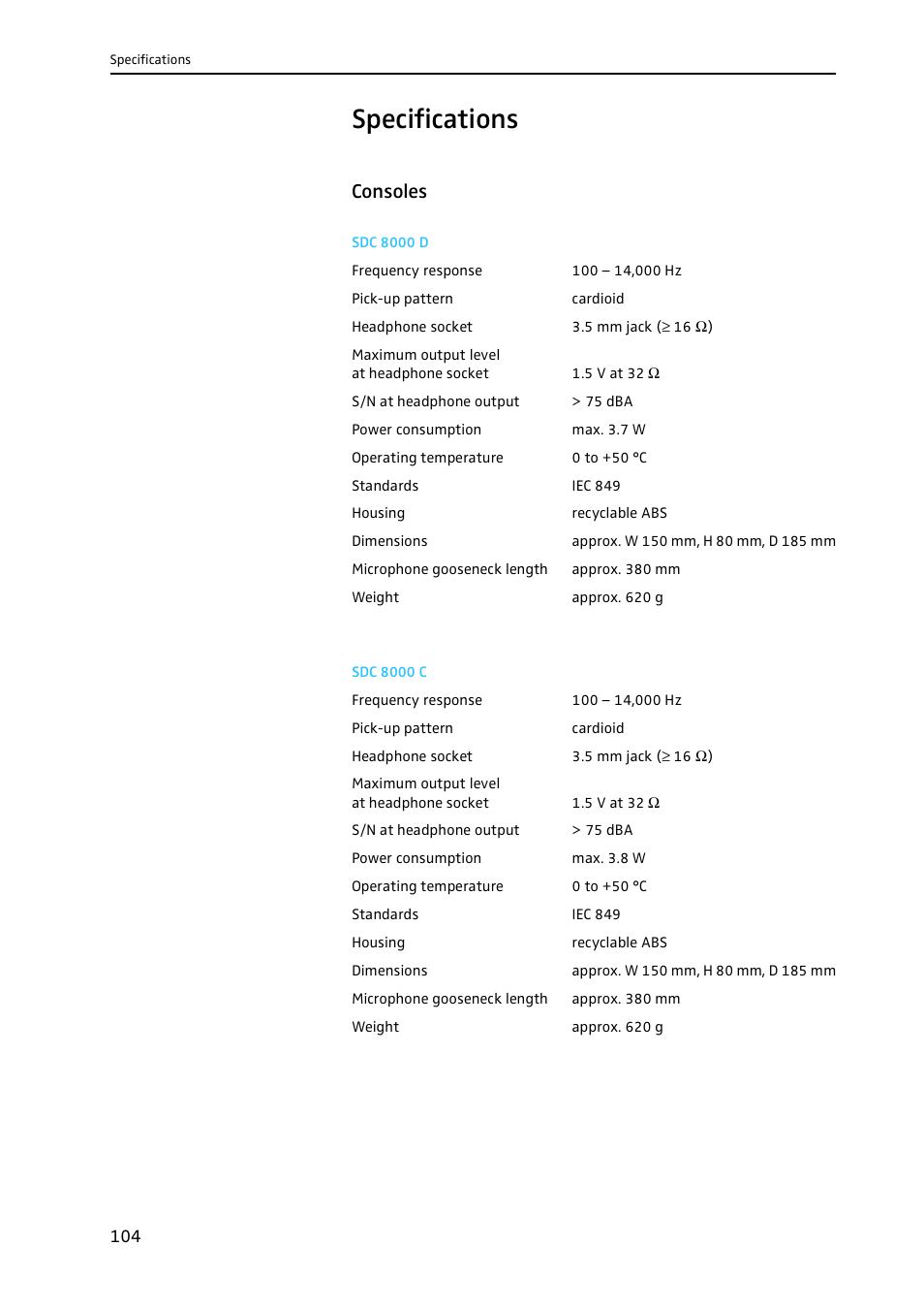 Specifications, Consoles, Sdc 8000 d | Sdc 8000 c, Sdc 8000 d sdc 8000 c | Sennheiser CONFERENCE SYSTEM SDC 8000 User Manual | Page 104 / 116